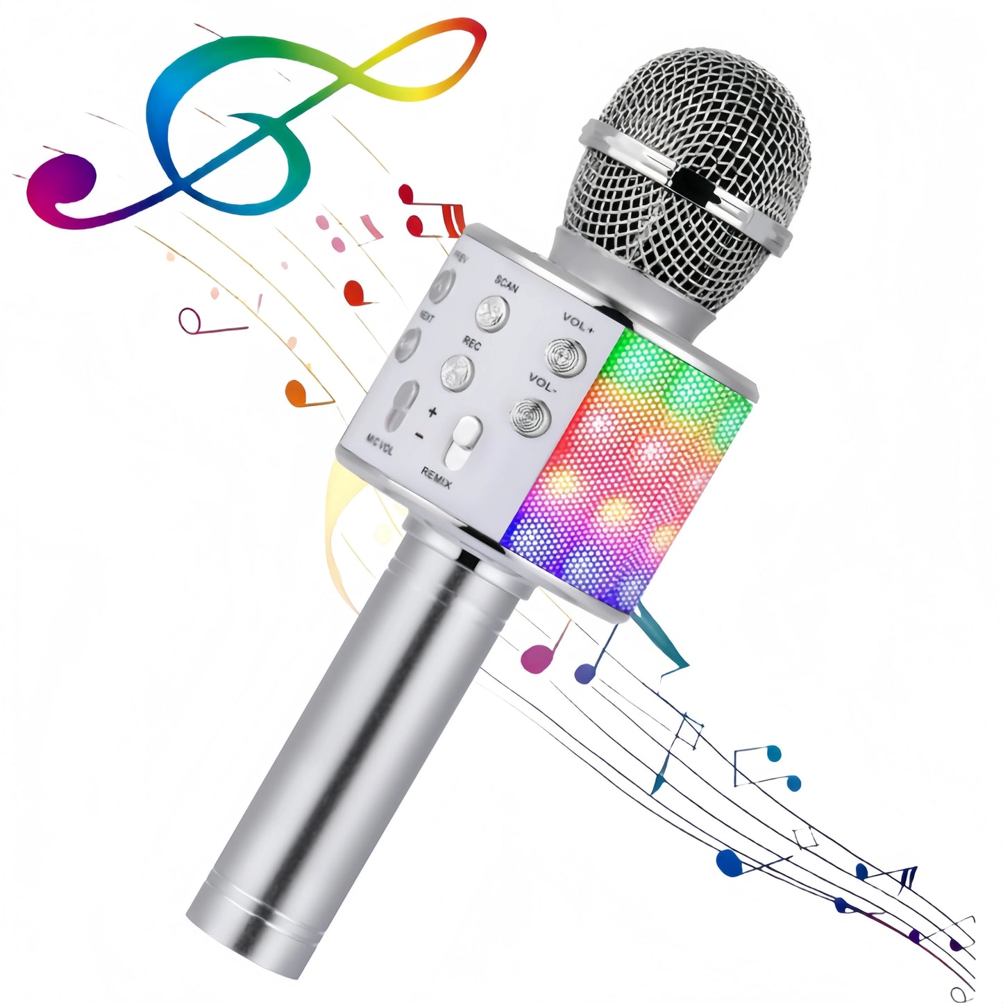 Handheld Bluetooth Microphone Speaker, 5 Voice Changer (Kid/Male/Female/Electronic), HIFI Sound, LED Light,  Portable KTV