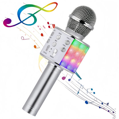 Handheld Bluetooth Microphone Speaker, 5 Voice Changer (Kid/Male/Female/Electronic), HIFI Sound, LED Light,  Portable KTV