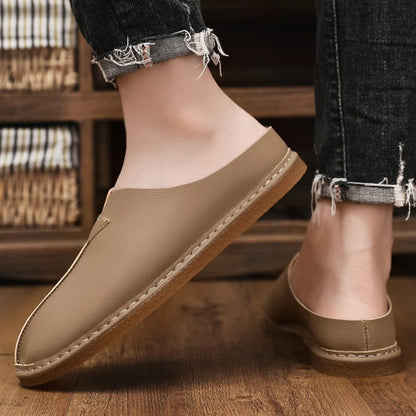 Fashion Leather Men Casual Shoes Slip on Man Loafers Breathable Soft Half Slippers Summer Flats Lightweight Lazy Driving Shoes