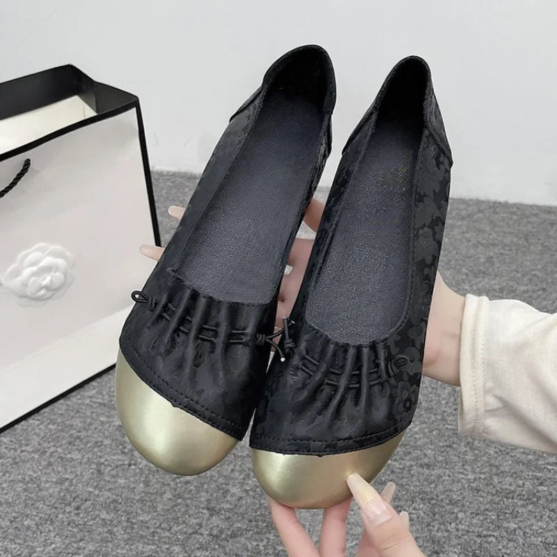 Chinese Style Color Block Slip-on Flats, Low Heel Comfortable Versatile Work Shoes for Women