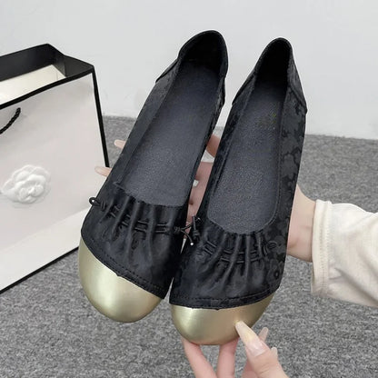 Chinese Style Color Block Slip-on Flats, Low Heel Comfortable Versatile Work Shoes for Women