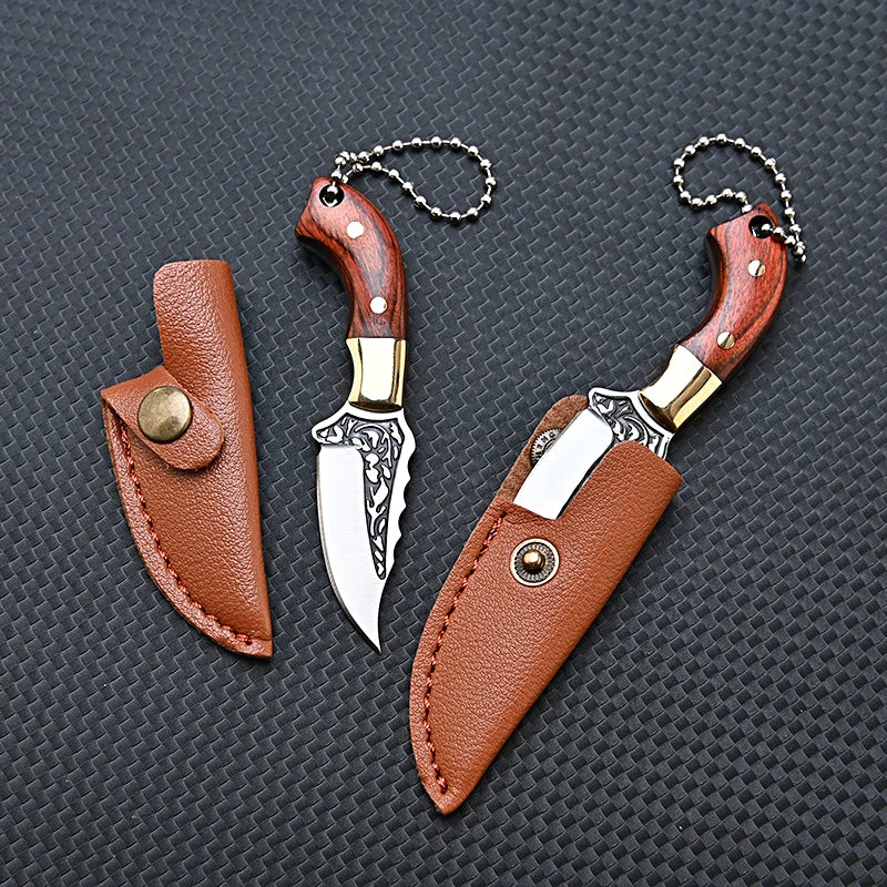 Portable Mini Knife Brass Wood Unboxing Hollow Blade EDC Fixed Blade Leather Cover Cutter Outdoor Surivival Tools Gift