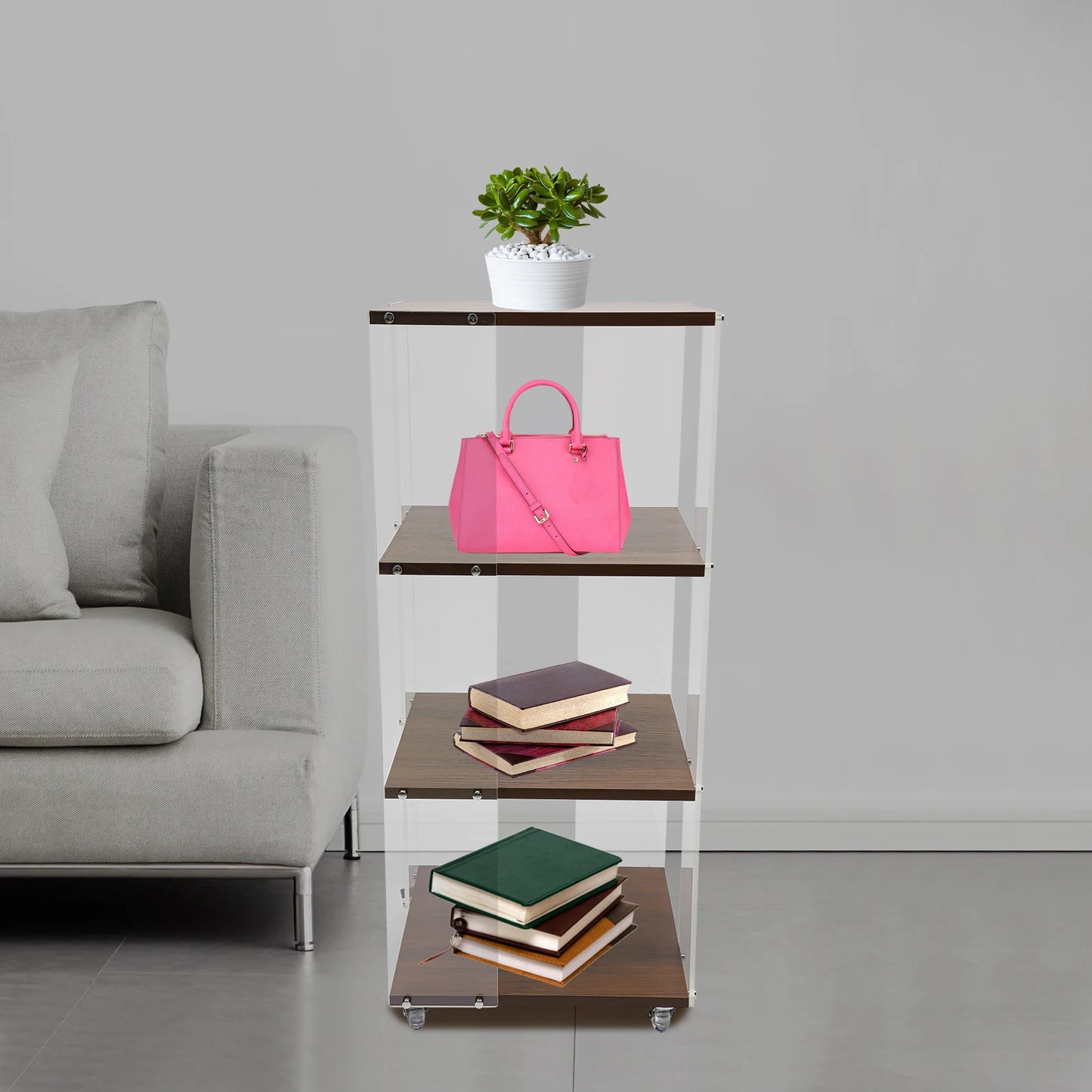 3-layer Rotating Acrylic Bookshelf with Wheels,Standing Small Corner Bookcase for Home Study Office