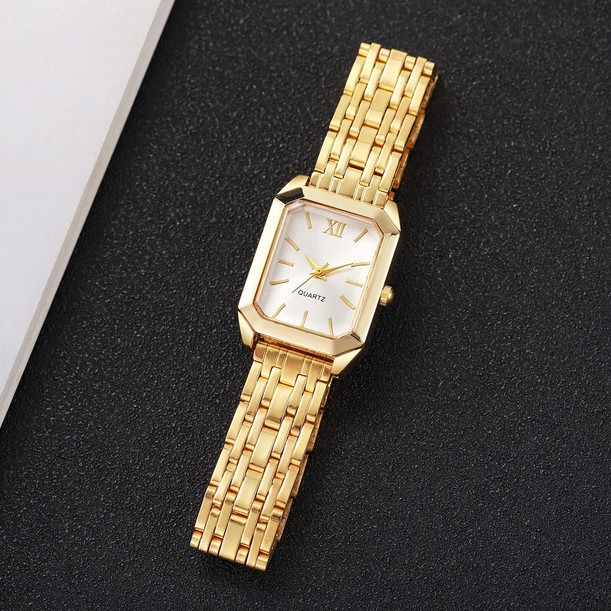 4PCS Elegant Rectangle Women Watch Rhinestone Bracelets Set Fashion Roma Dial Quartz Wristwatches Relogio Feminino (Without Box)