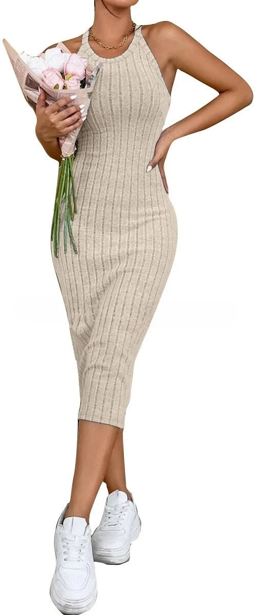 2026 Women's Crew Neck Solid Sleeveless Spaghetti Strap Dress Knit Ribbed Longline Slim-Fit Casual Sports Tank Dress Y2k Clothes