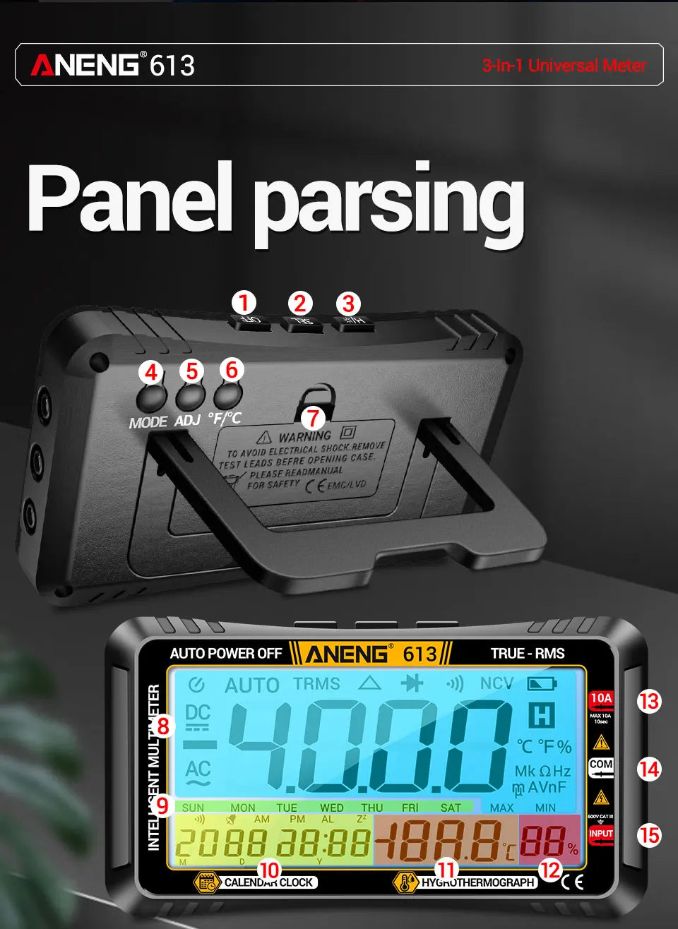 Smart Multimeter Detector 4000 Count Digital  AC/DC Curent Voltage Resistor Measurement  3 in 1 Professional Test Tool ANENG 613