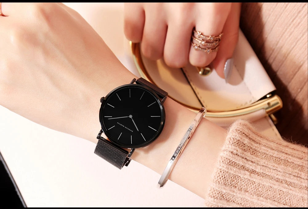 2023 New Women Bracelet Watch 1 Set Japan Quartz Movement Simple Rose Gold Stainless Steel Mesh Student Watches Relogio Feminino