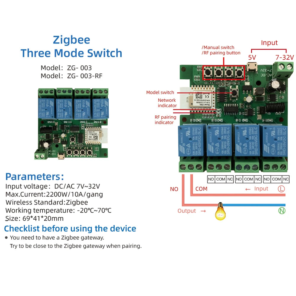Tuya Zigbee Relay 4CH Smart Home Switch Module APP Remote Control Wireless Radio RF 433 4 Channel Relay for Zigbee Gateway Hub