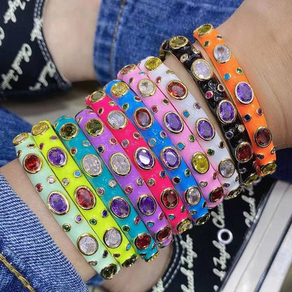 Fashionable Multicolor Gold Plated Gemstone Charm Bangle,Fine Colorful Enamel Open Adjustable Bracelet Jewelry Supply  Q35