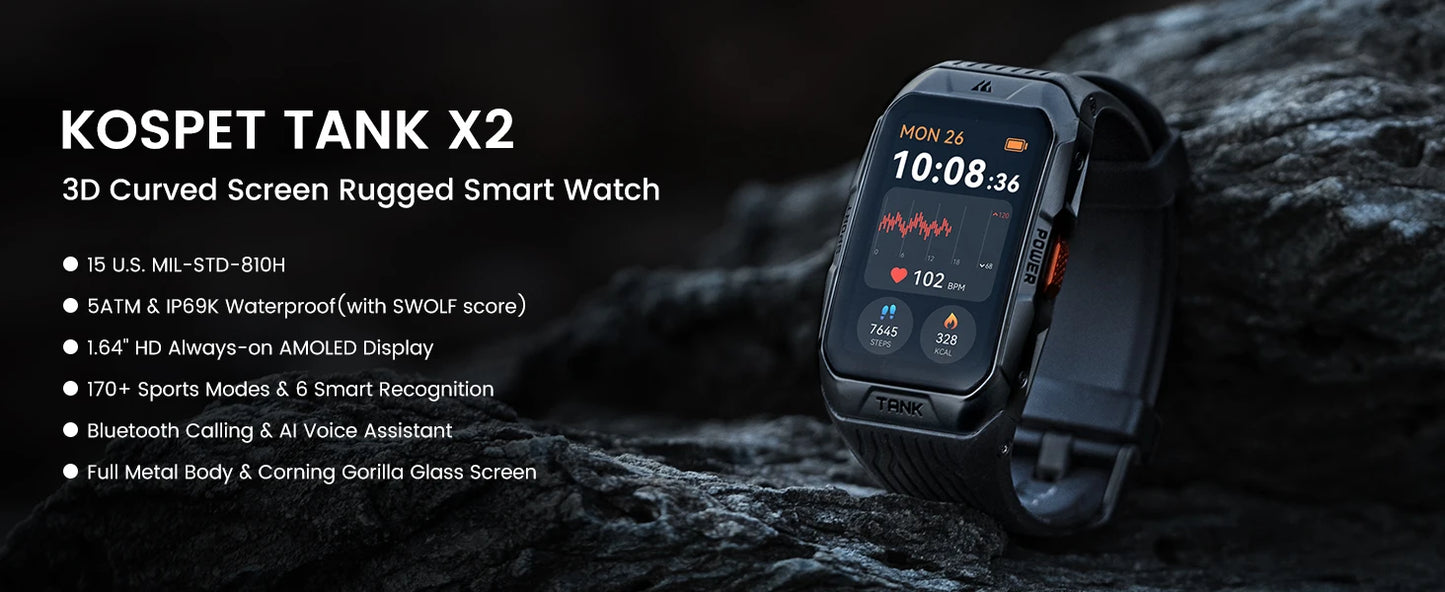 2025 KOSPET TANK X2 Rugged Smart Watch For Men 3D Curved Screen AMOLED AOD 5ATM IP69K Waterproof Bluetooth Call AI Assistant