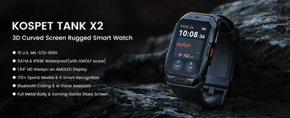 2025 KOSPET TANK X2 Rugged Smart Watch For Men 3D Curved Screen AMOLED AOD 5ATM IP69K Waterproof Bluetooth Call AI Assistant