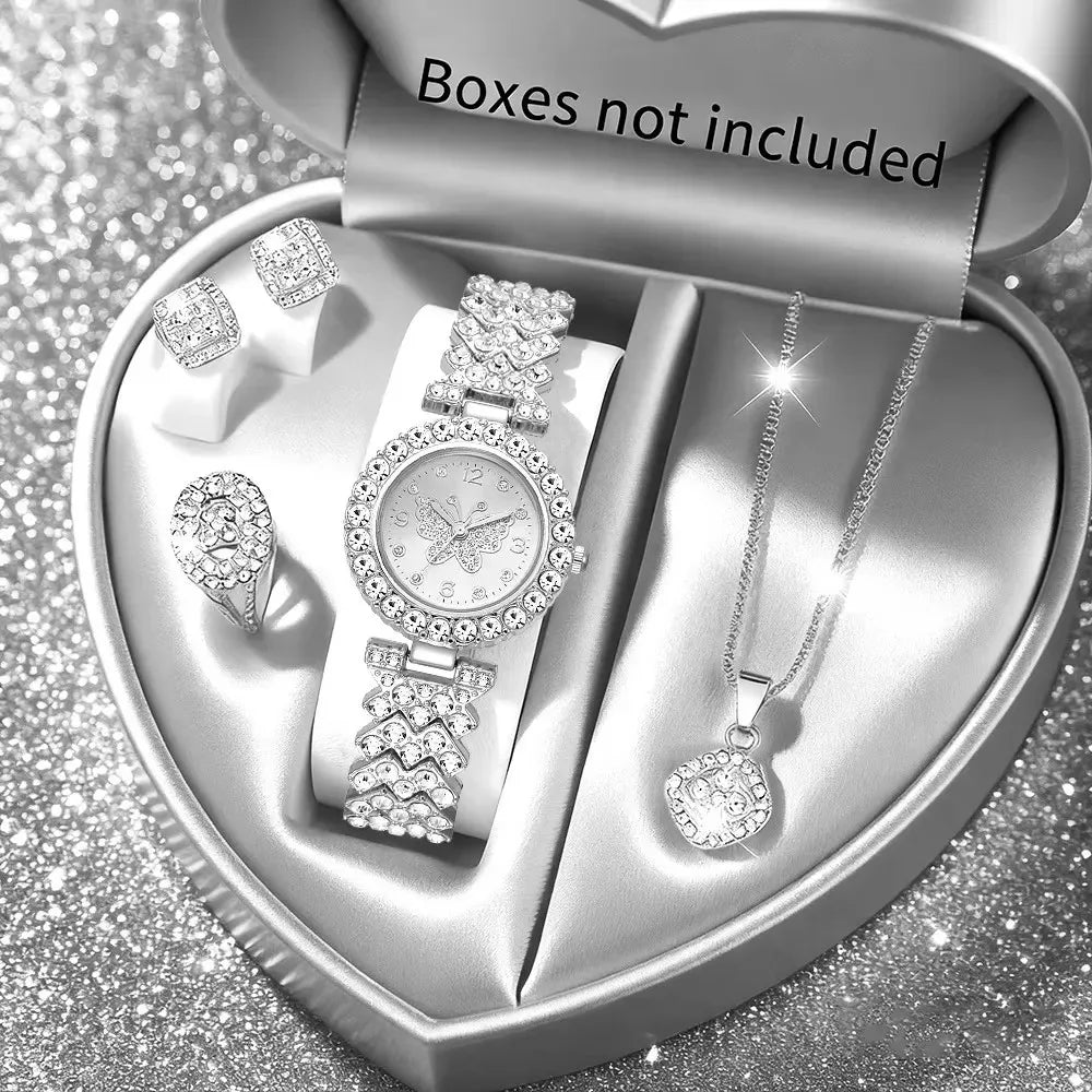 5PCS Luxury Rhinestone Butterfly Dial Women Quartz Watch Jewelry Set Elegant Ladies Bracelet Wristwatch Reloj Mujer（Without Box）
