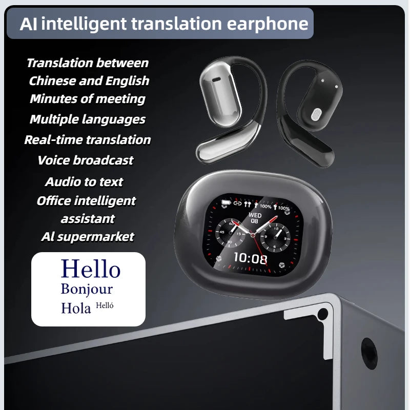 AI Translating Earbuds Real-time 144 Languages Translation Earphone Touch LCD Screen OWS Open Ear Wireless Headphone HiFi Stereo