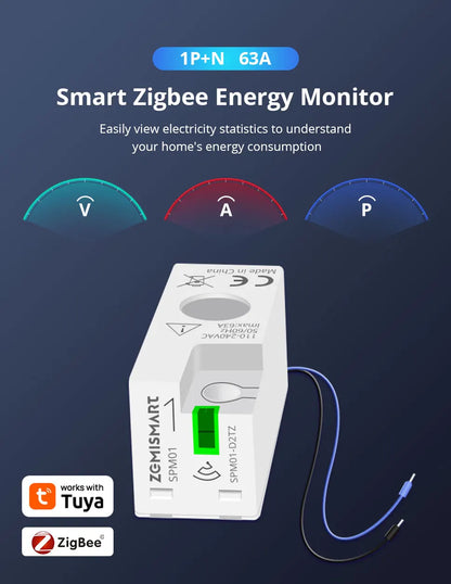 Zemismart Smart Energy Meter Zigbee Monitor Electric Sensor Measure Work with Tuya App Supports Home Assistant via Zigbee2MQTT