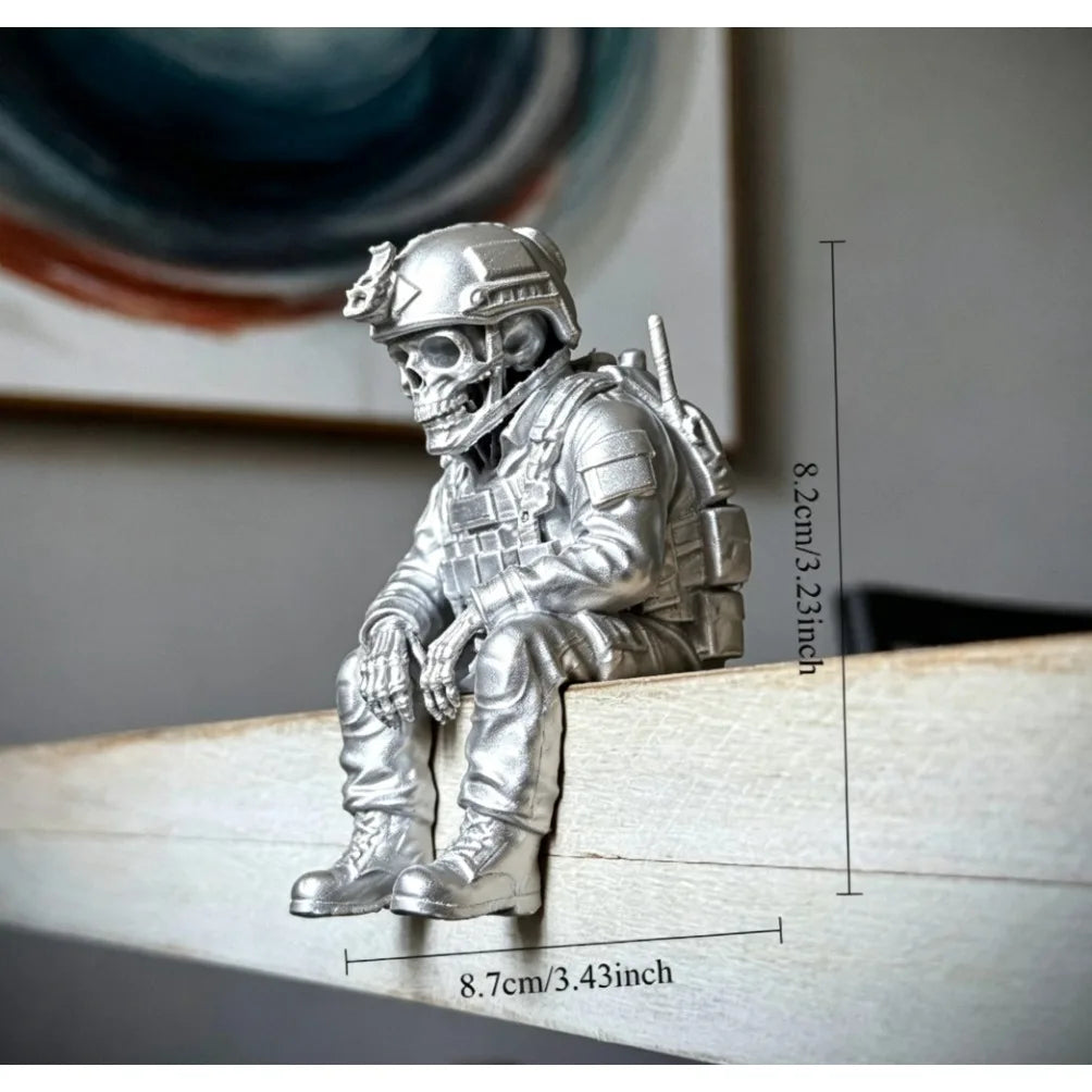 Sitting Tactical Skull Soldier Cool Ornament Home Office Military Skull Soldier Figurine Whimsical Seated Warrior Ornament Decor