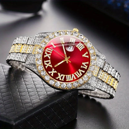 4pcs/set, Business Luxury Men's Rhinestone Watch Jewelry Set, Classic Silvery Men Quartz Calendar Wrist Watch - Gifts for Men,