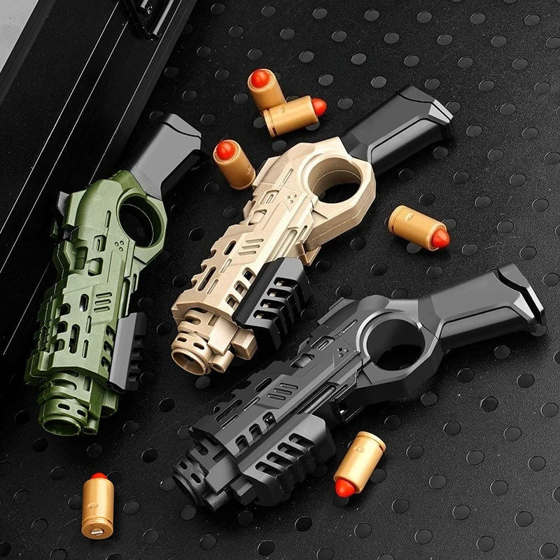 Shootable Toy Pistol with 1-Button Shell Ejection and Card Pushing Function, Black Technology Mini Handgun for Stress Relief