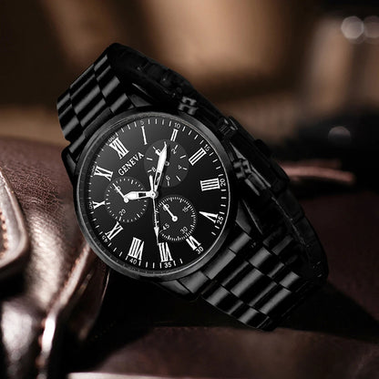 4PCS Black Men's Watch Set Business Trend Fashion Roman Digital Scale Dial Quartz Watch Bracelet Necklace Ring Set Perfect Gift
