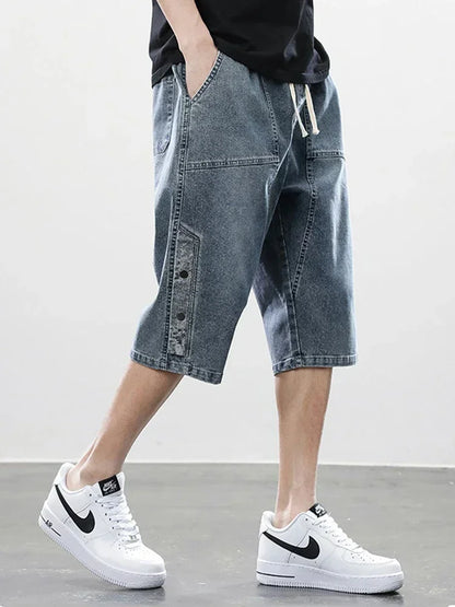 8XL Summer Men's Jeans Denim Breeches Calf-Length Casual Shorts Washed Cotton Drawstring Straight Capris Pants Big Size