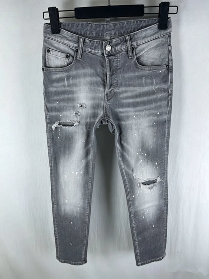 6060 Four Seasons New Men's Washed Ripped Patch Old Slim-fit Straight Black Jeans for Men