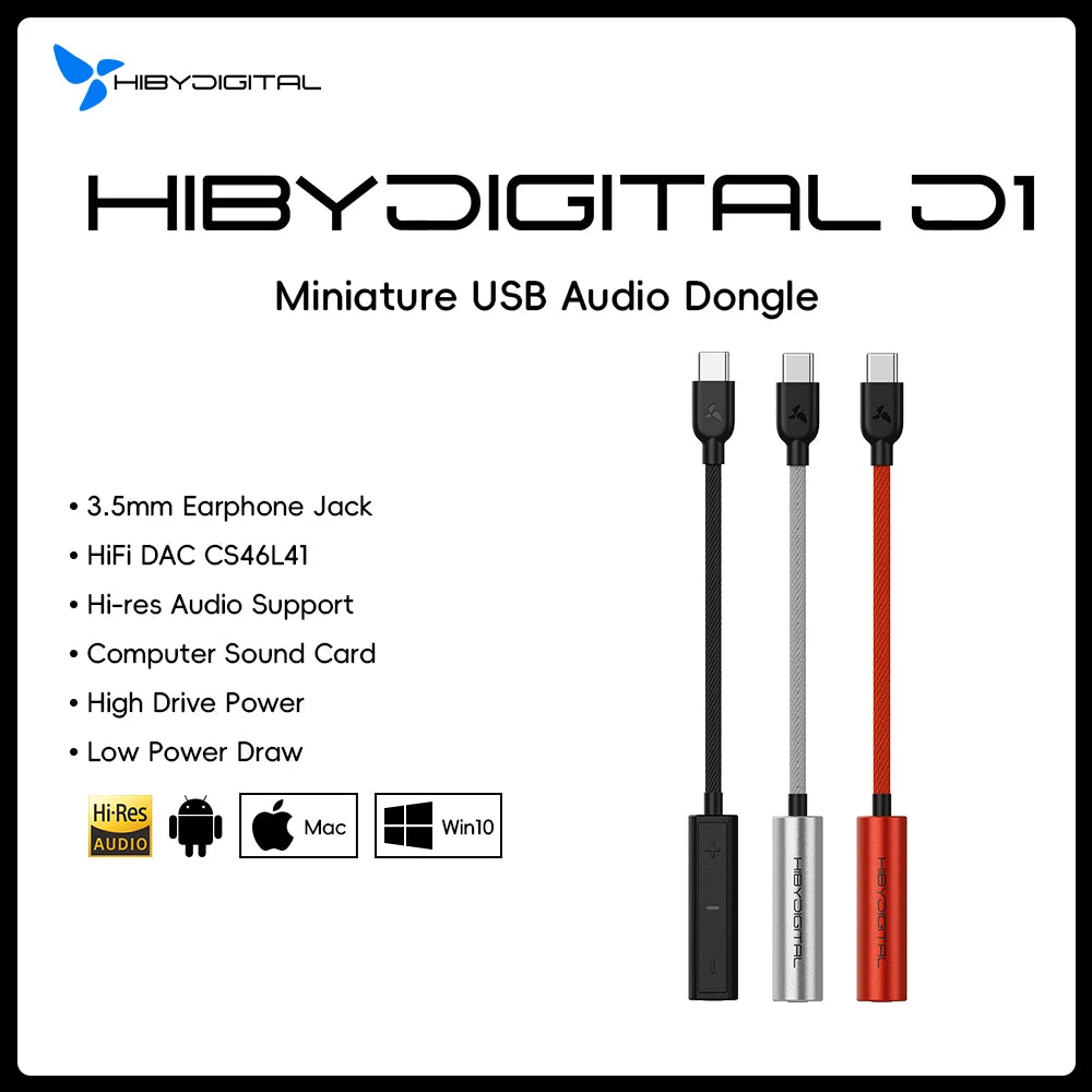 HiBy Digital D1 Type C HiFi Audio Dongle USB DAC Headphone AMP PCM32Bit/384kHz 3.5mm output CS46L41 Sound Card for Android Win10