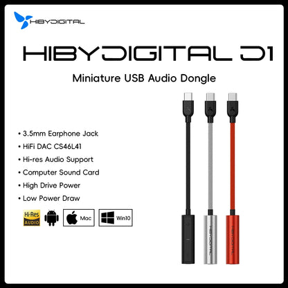 HiBy Digital D1 Type C HiFi Audio Dongle USB DAC Headphone AMP PCM32Bit/384kHz 3.5mm output CS46L41 Sound Card for Android Win10