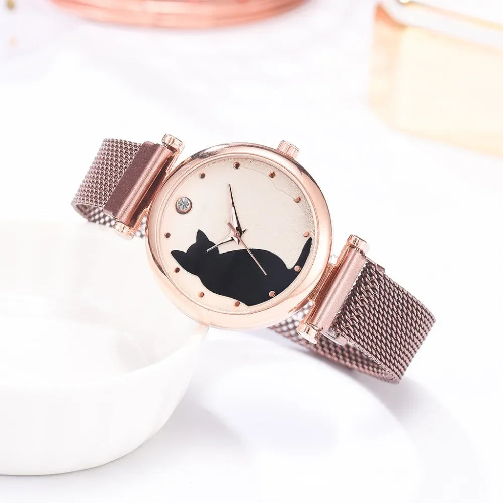 Direct Delivery 5 Pieces/Set Women Watches Rose Gold Bracelet Set Cat Pattern Magnet Black Watch Ladies Watches Quartz Clock