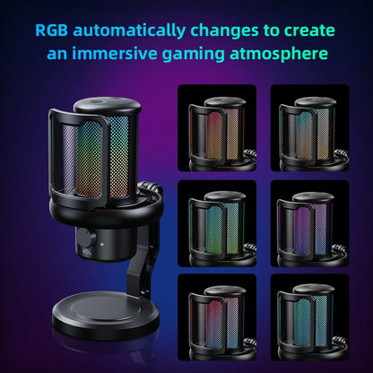 USB Microphone for PC RGB Gaming Microphone with Headphone Output And Touch-Mute Button Noise Cancellation for Recording Streami
