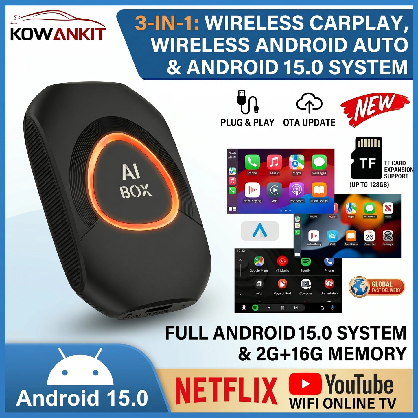 2026 Kowankit Android 15 3 in 1 Wireless CarPlay Smart AI Box Android Auto Adapter Plug Play Car TV Box Support YouTube Netflix