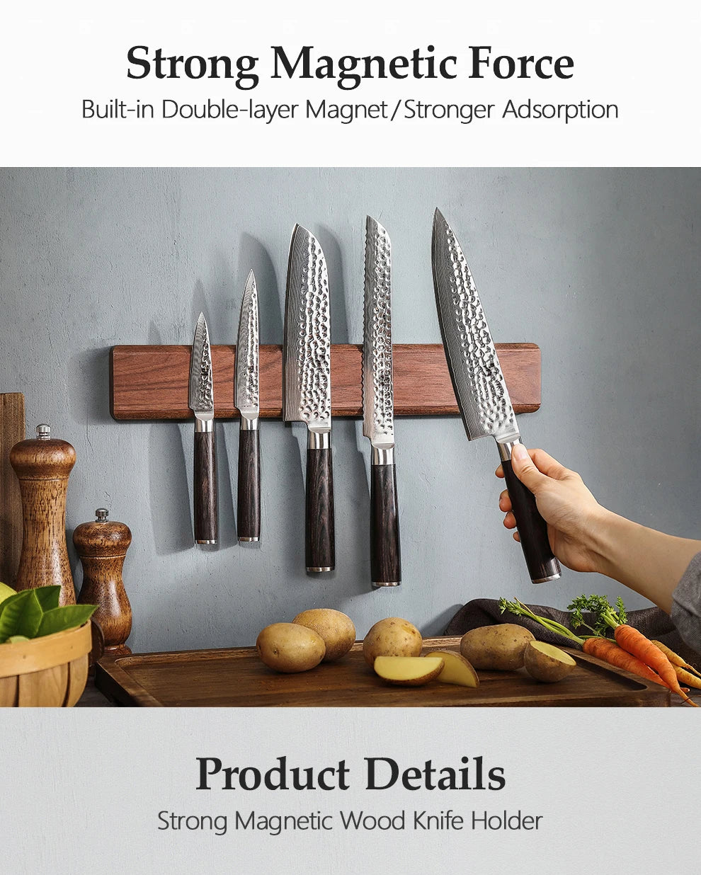 XINZUO 40cm Walnut Solid Wood Magnetic Knife Holder Double Row Strong Magnetic Force No Nails/ Punching Kitchen Accessories