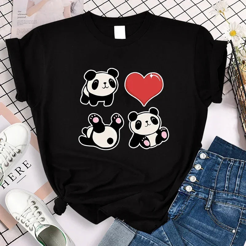 Cartoon Casual Creative T-shirt Vintage Round Neck Clothes Funny Cute Panda Printed T Shirt for Women Summer Sleeve