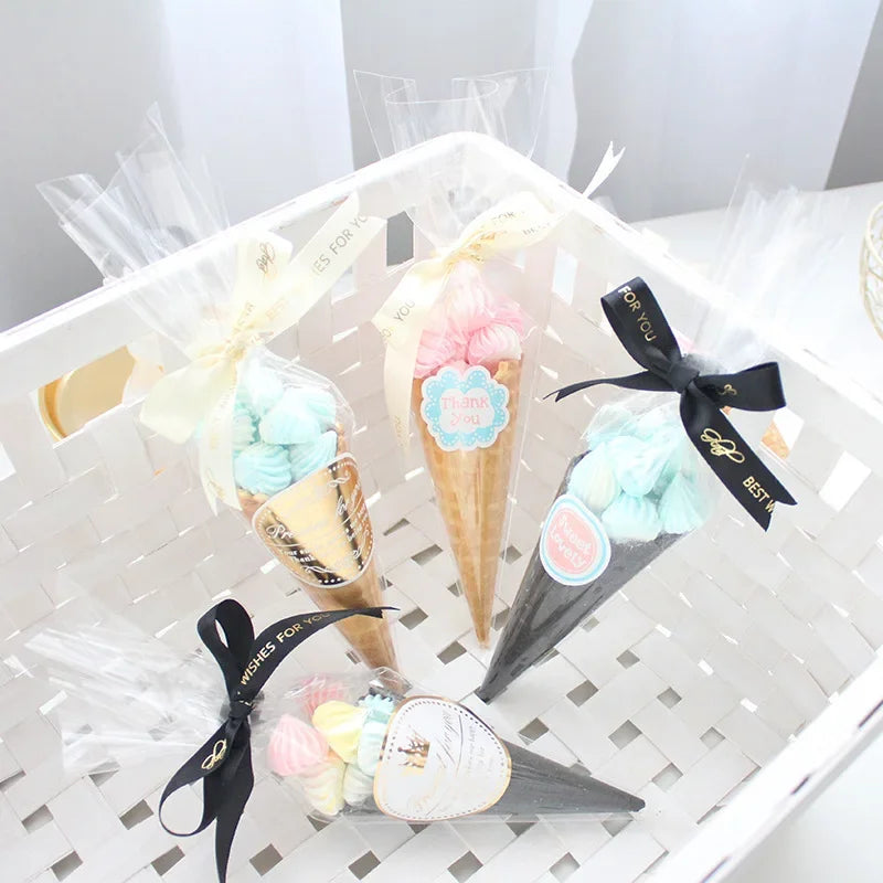 50pcs Candy Bags Cellophane Popcorn Bags Cone Cookies Storage Bags with Gold Twist Ties Wedding Birthday Party Favors