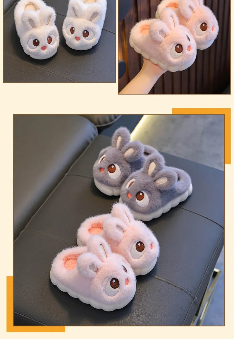 New Winter Cute Big eyed Rabbit Children's Waterproof Warm Non-slip Fluffy Slippers For Girls Boys Kids Indoor Home Cotton Shoes
