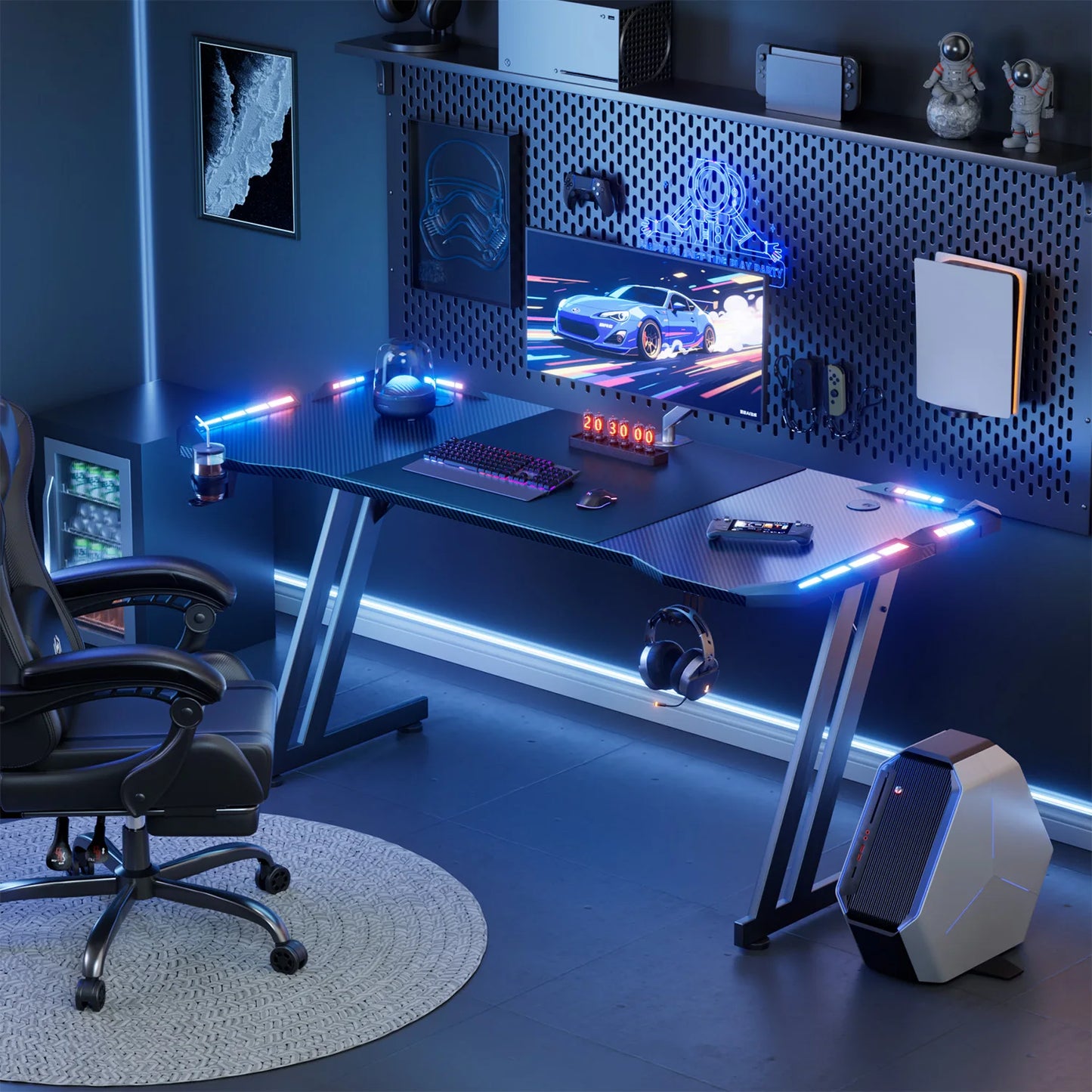 47"/55"/63" Gaming Desk with LED Lights, Carbon Fibre Surface Gaming Table, Large Computer Desk Ergonomic Home Office Desks, Z Shaped PC Gamer Workstations with Cup Holder & Headphone Hook, Black