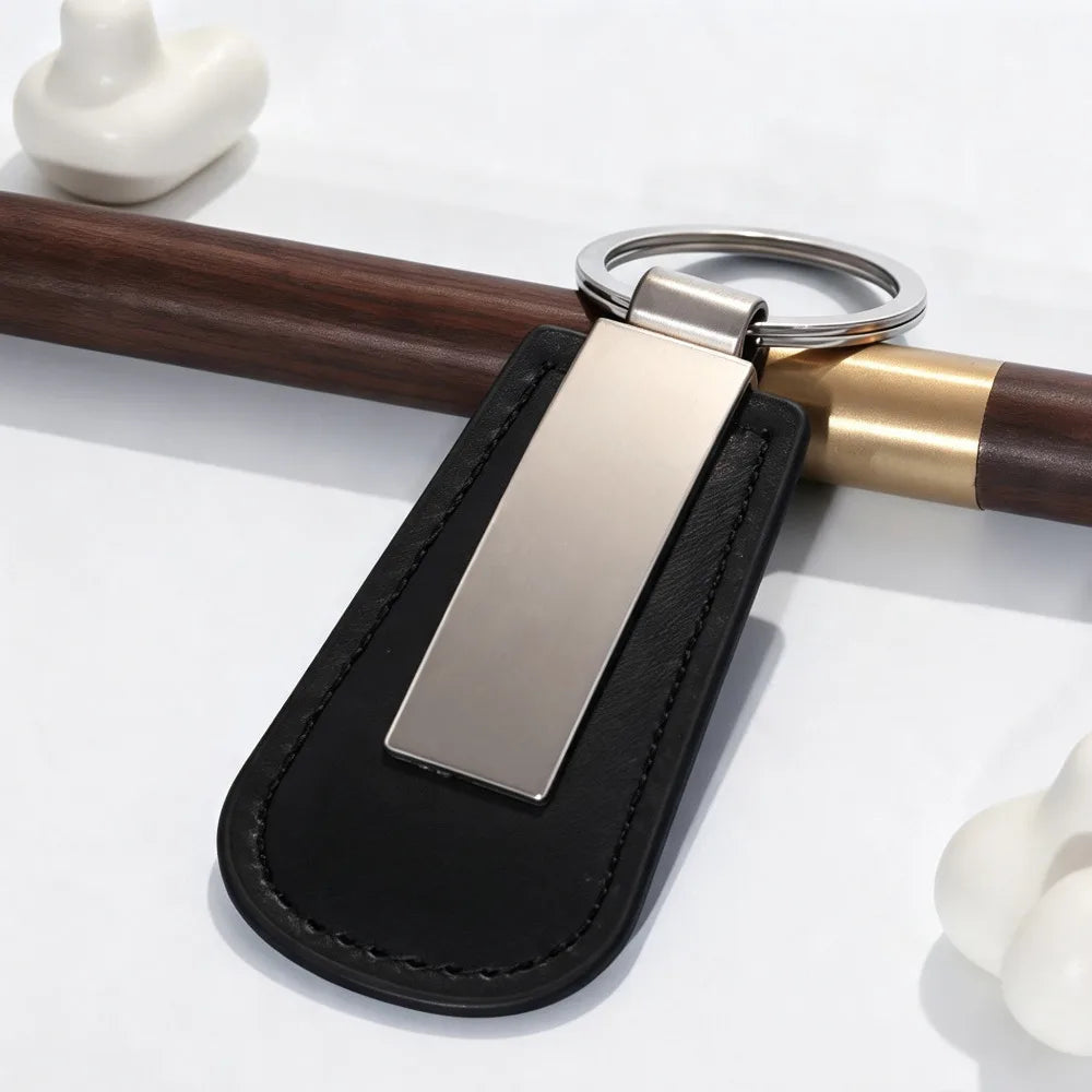Wholesale Metal Stainless Steel Car Moto Keychain Fan Shaped Leather Keyring Custom Name Laser Engraving Logo High-end Gift