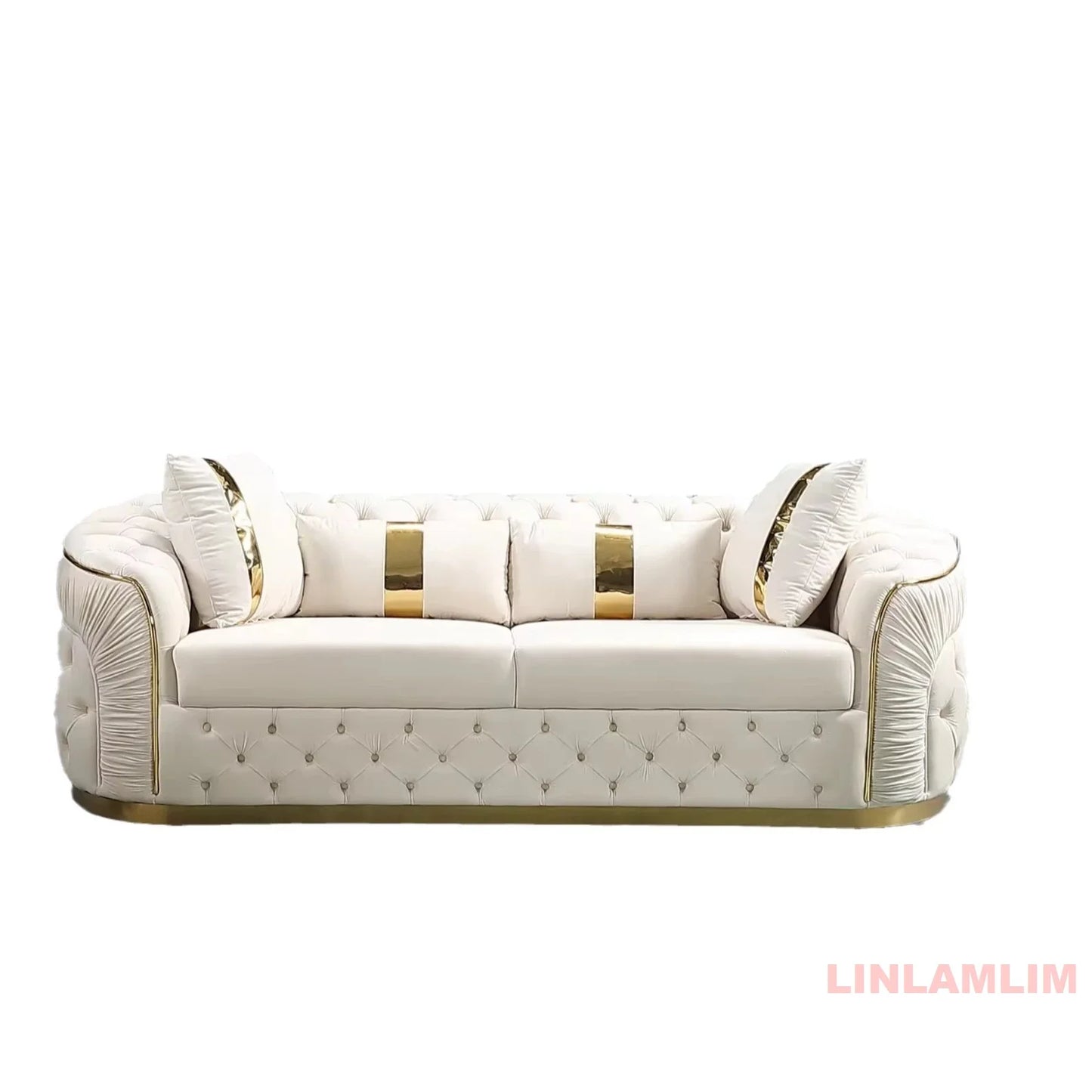 Luxury Chesterfield Sectional Sofa Set with Cloth Buttons and Fabric Modular Couch with Gold Stainless Steel Base, 3-seater Sofa