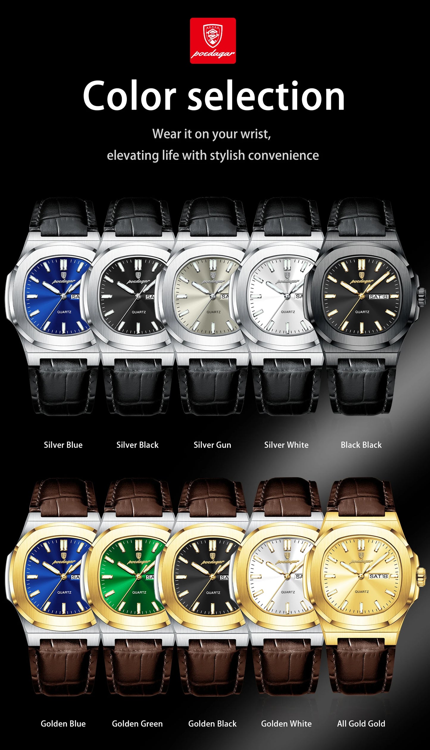POEDAGAR Fashion Wristwatch For Boyfriend Luminous Waterproof Week Calendar Business Couple Watches Leather Luxury Men's Watches