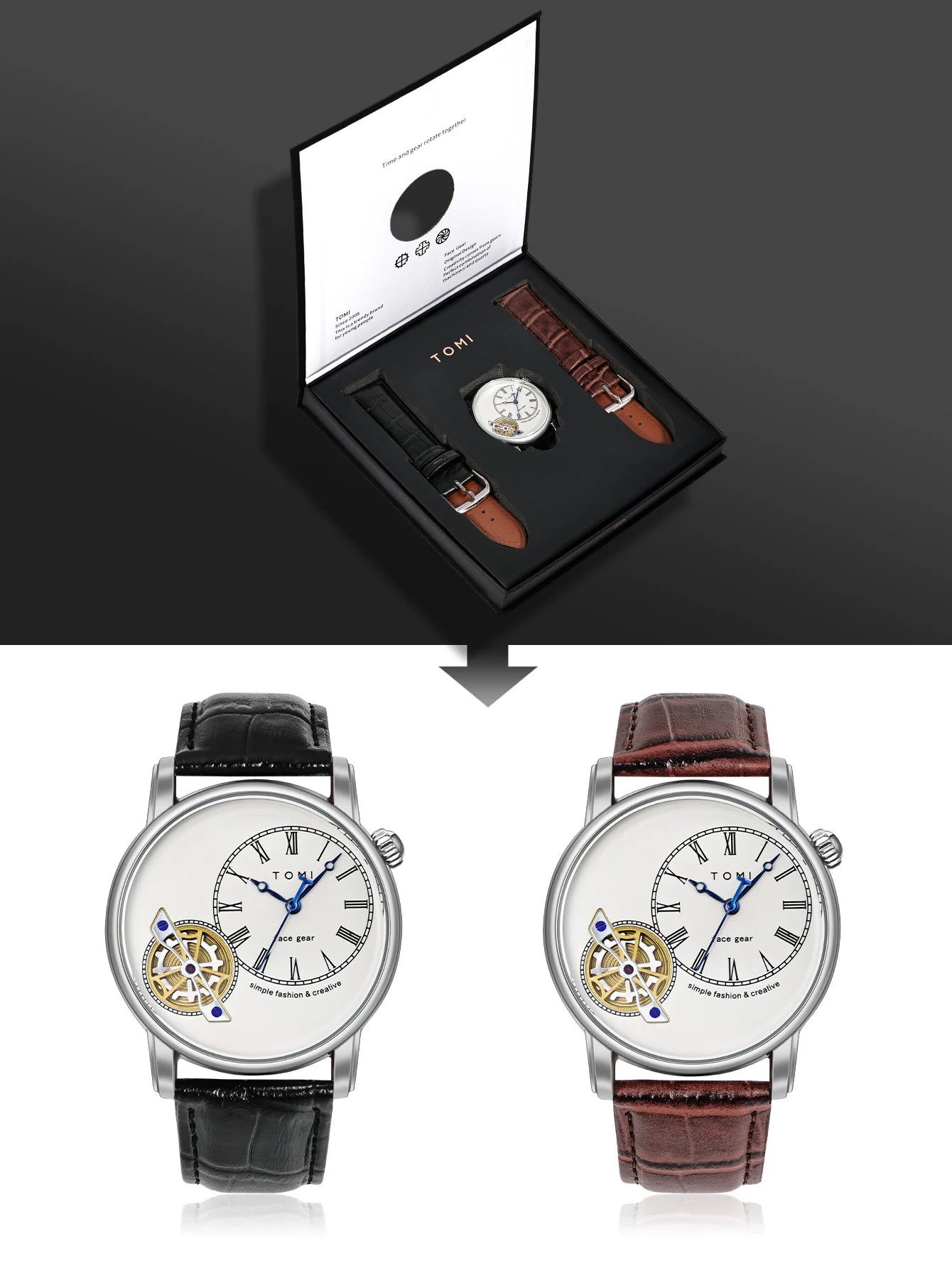 TOMI Set Gift Box Luxury and Fashionable Men's Quartz Watch Leisure Calendar Double Strap Quartz Watch Festival Gift