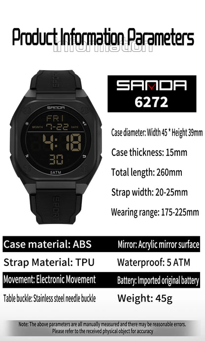 SANDA Digital Watch Multi-function Alarm Clock Luminous Waterproof Silicone Wristwatch Casual Students Electronic Watches