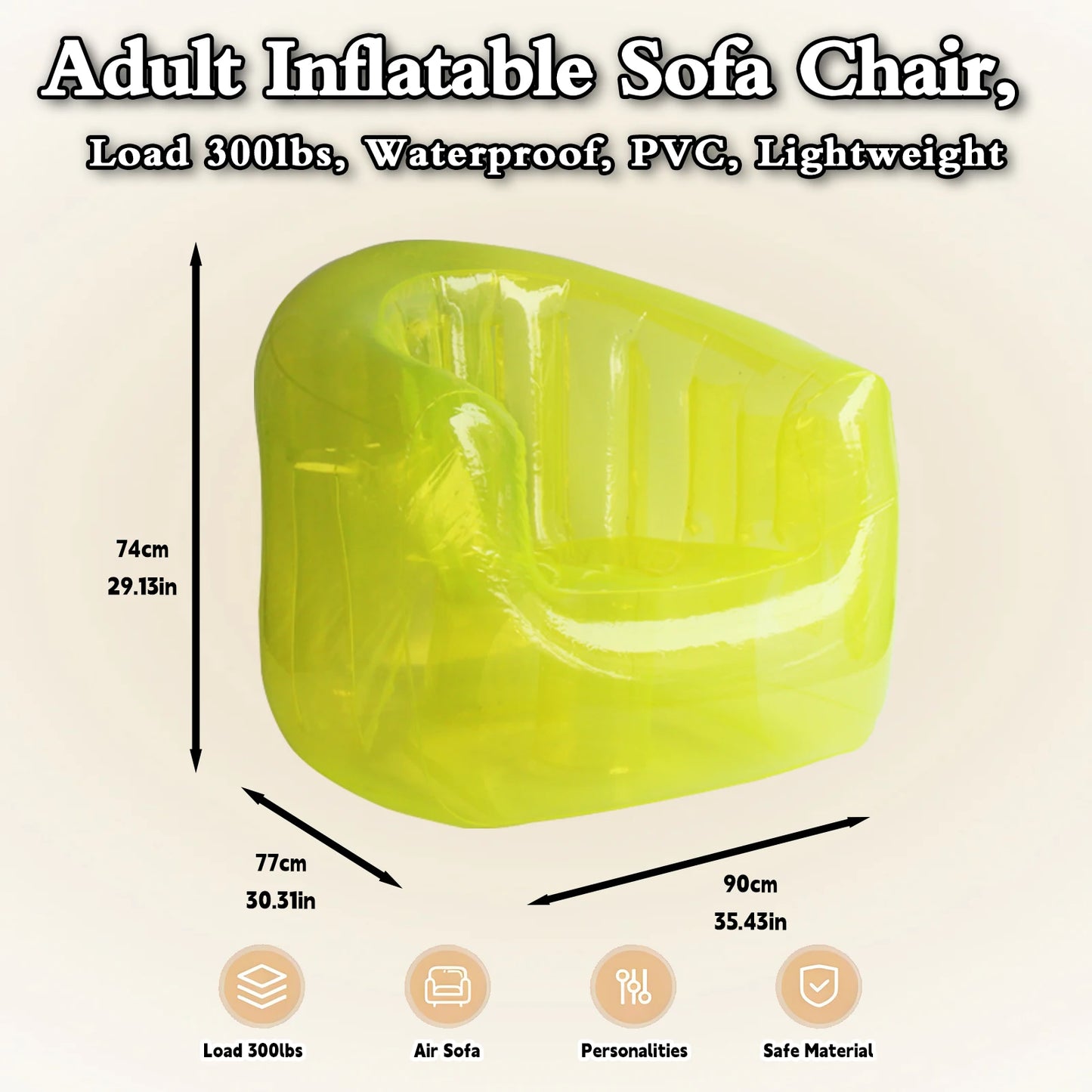 Inflatable Transparent PVC Lounge Chair, Blow Up Sofa for Camping Yard Patio, Air Couch Furniture Outdoor Beach Room