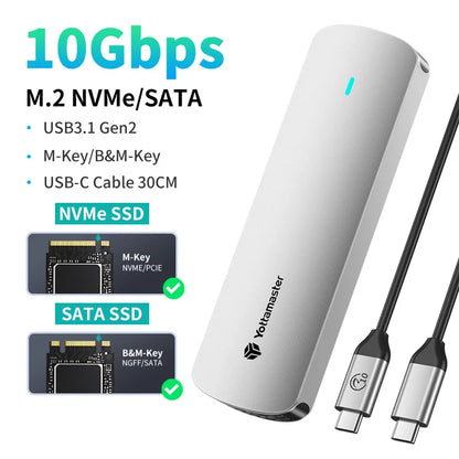 Yottamaster SATA M.2 NVMe SSD Enclosure Dual Portocol NVMe to USB Adapter USB 3.1 Gen2 USB C External Case Box Aluminum alloy