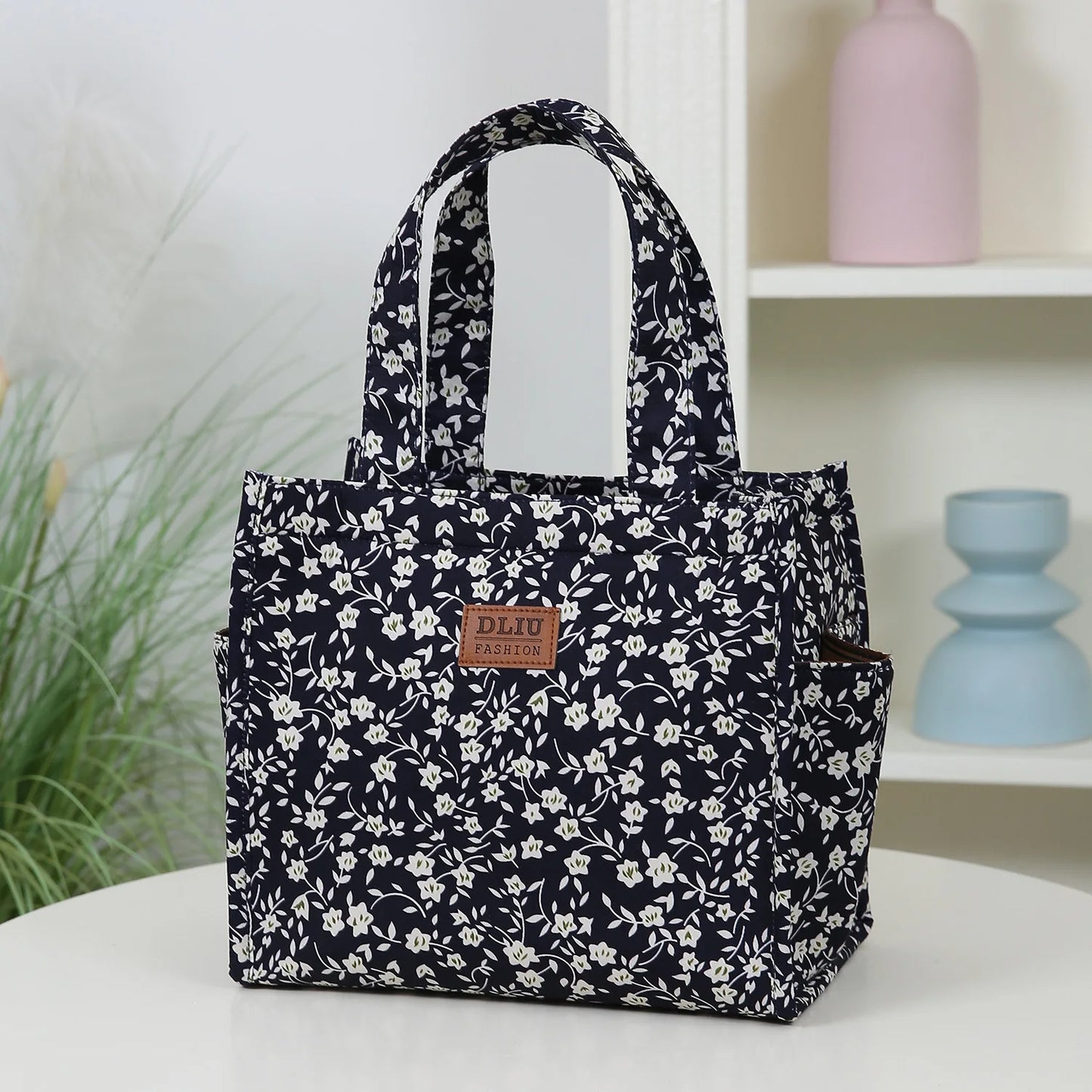 New floral print thickened fabric handbag, lunch bag, portable lunch box storage bag, zipper design, multifunctional tote