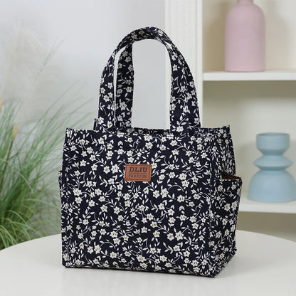 New floral print thickened fabric handbag, lunch bag, portable lunch box storage bag, zipper design, multifunctional tote