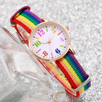 2pcs Set Fashion Rainbow Color Ultra-thin Canvas Strap Classic Men's Watches Colorful Bracelet Set