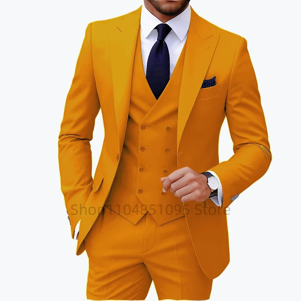 Slim Fit 3-Piece Men's Suit Set for Office Formal Business Wedding Groom Tuxedos Jacket Vest Pants Casual Male Men Clothing