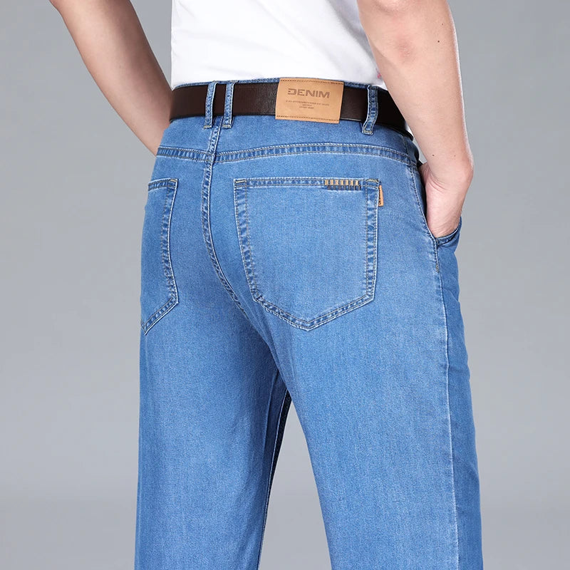 2026 Summer Brand Clothing New Men's Straight Loose Business Casual Lightweight Jeans Classic Embroidered Elastic Denim Pants
