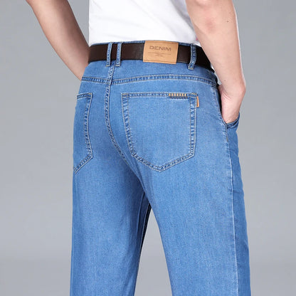 2026 Summer Brand Clothing New Men's Straight Loose Business Casual Lightweight Jeans Classic Embroidered Elastic Denim Pants