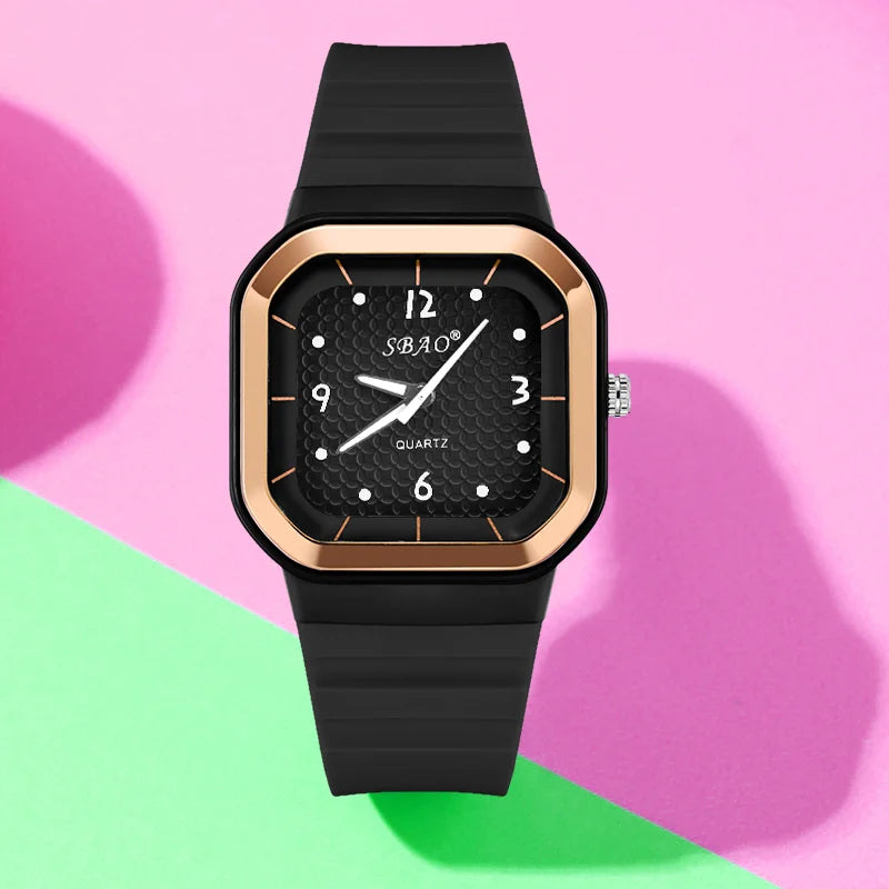 Trendy Square Dial Women Watch Teal Silicone Strap Rose Gold Bezel Analog Quartz Wristwatch Casual Waterproof Sport Wrist Clock