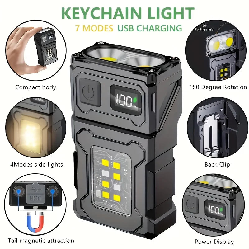 Mini Portable LED Flashlight with Side COB Light Magnetic Tail USB Rechargeable Torch for Camping Outdoor Emergency Work Lightin