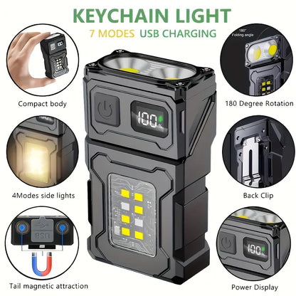 Mini Portable LED Flashlight with Side COB Light Magnetic Tail USB Rechargeable Torch for Camping Outdoor Emergency Work Lightin